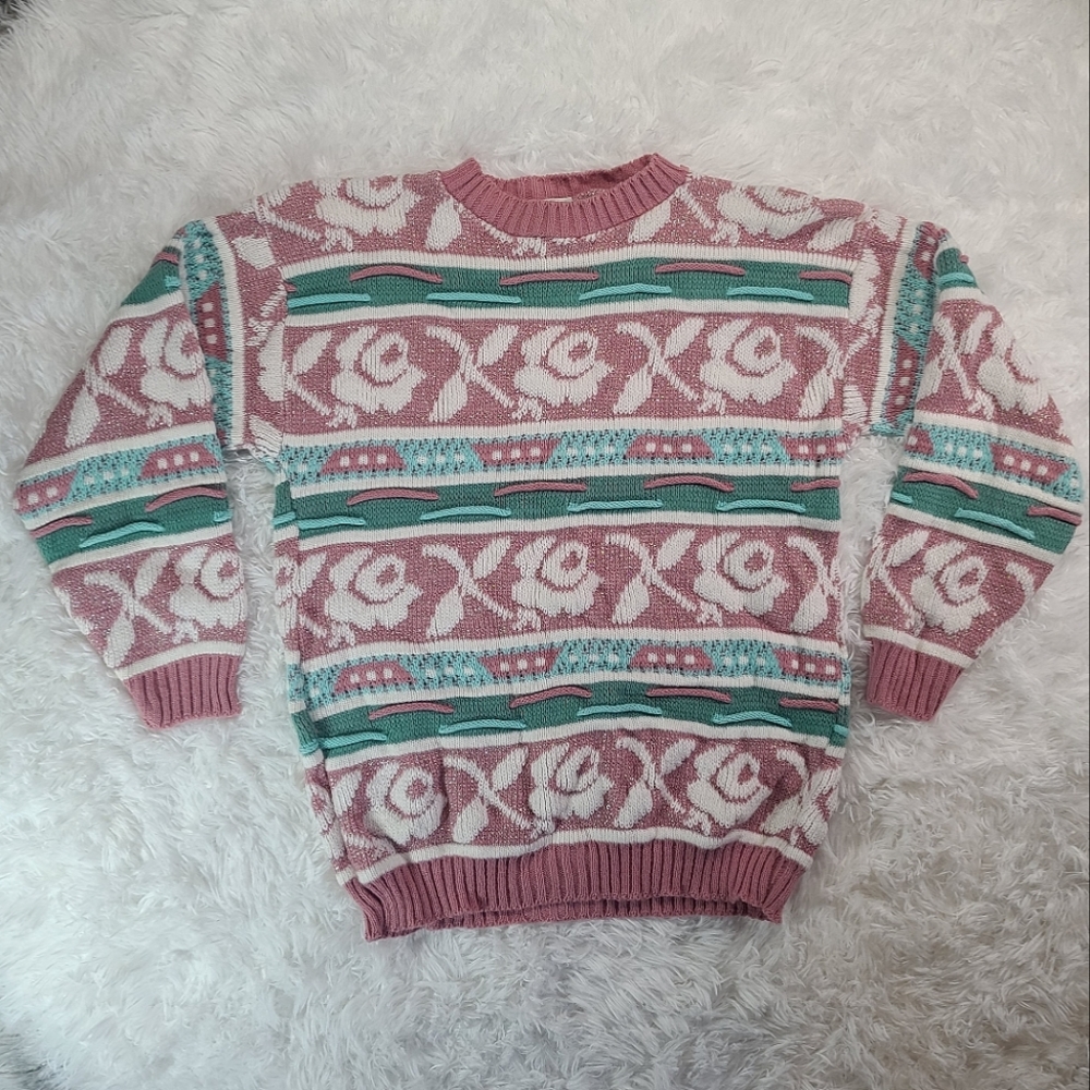 Arielle Girls Shimmer Pastel Pink/Green/Mint Floral Knit Sweater Size Large